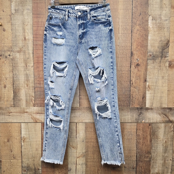 KanCan Denim - Kancan Acid Wash Distressed Ankle Side Slit High Rise Jeans Raw Hem Size 3 New